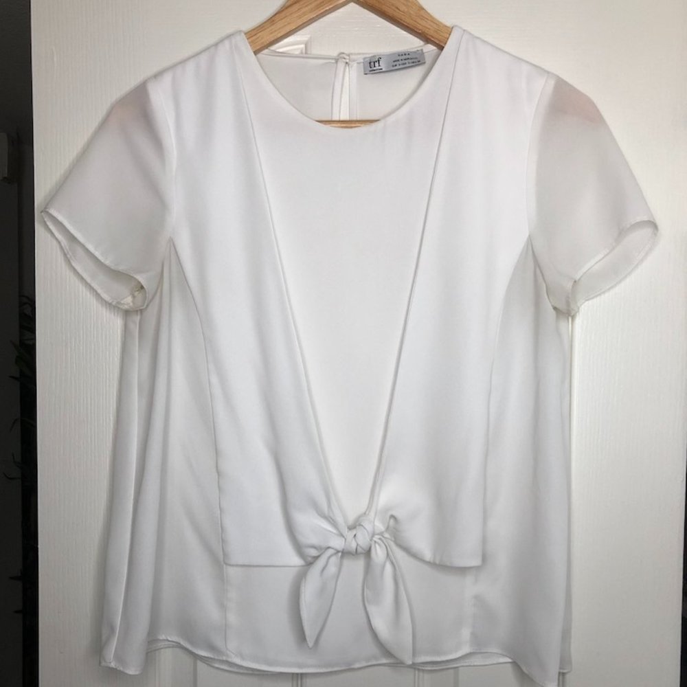 White Double Layered Sheer Blouse with Tie Front
